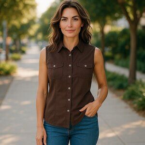 Columbia Women’s Brown Sleeveless Button Up Trail Point Shirt 100% Cotton Sz XL